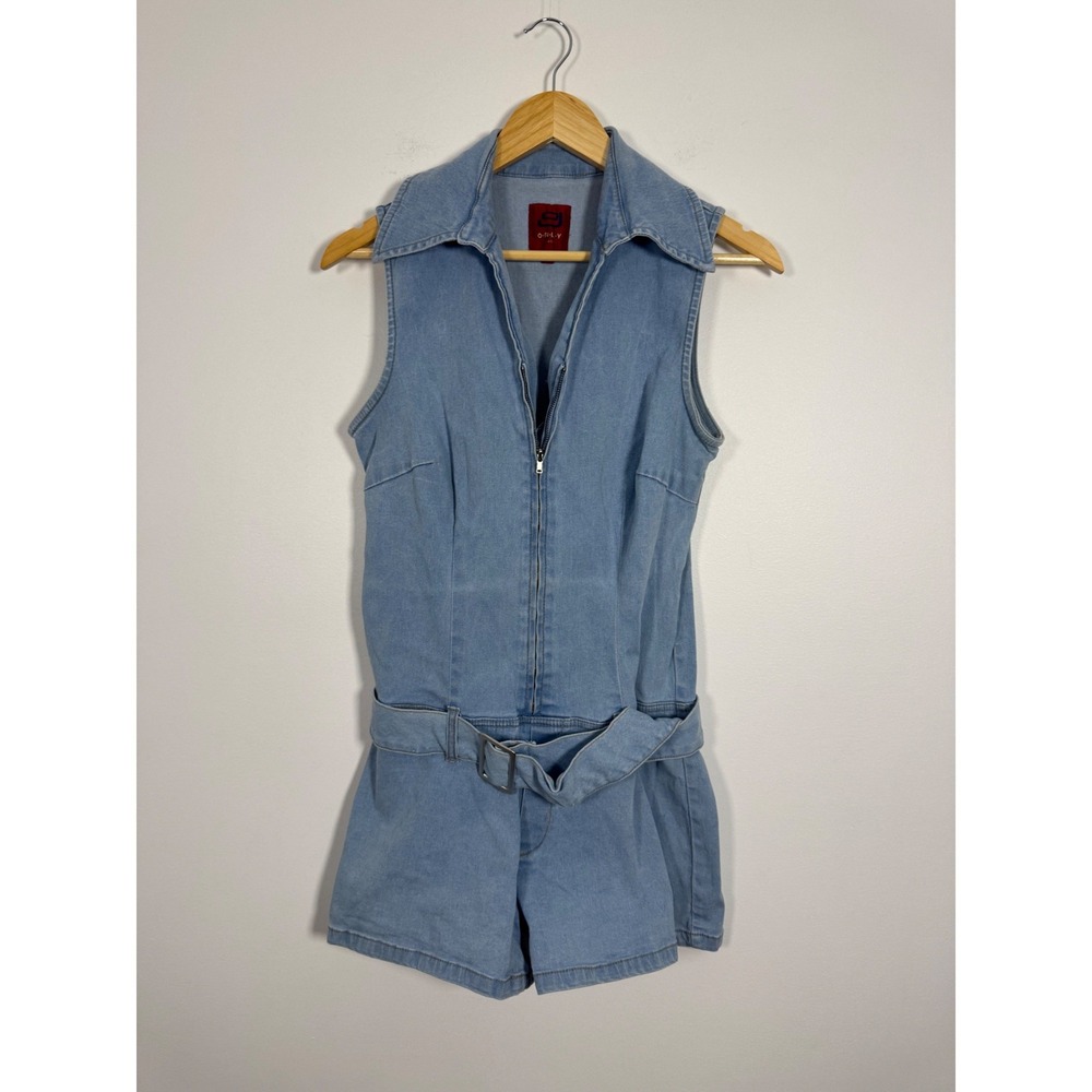 Y2K Only Jeans Womens 40 Denim Romper Light Blue Belted Zip Front Mirage Catsuit